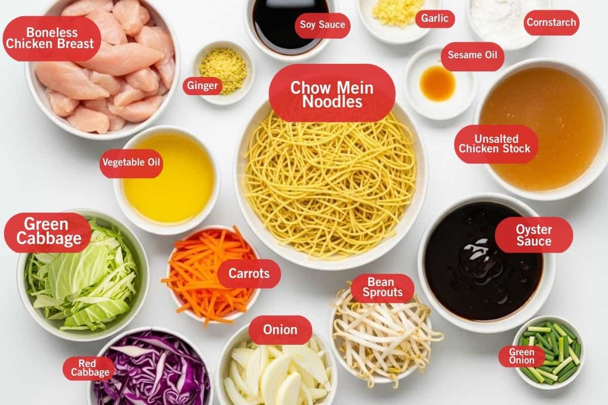 Flat lay photo of ingredient shot of boneless chicken breast, ginger, soy sauce, garlic, cornstarch, sesame oil, vegetable oil, chow mein noodles, unsalted chicken stock, green cabbage, carrots, onion, bean sprouts, oyster sauce, red cabbage, green onions