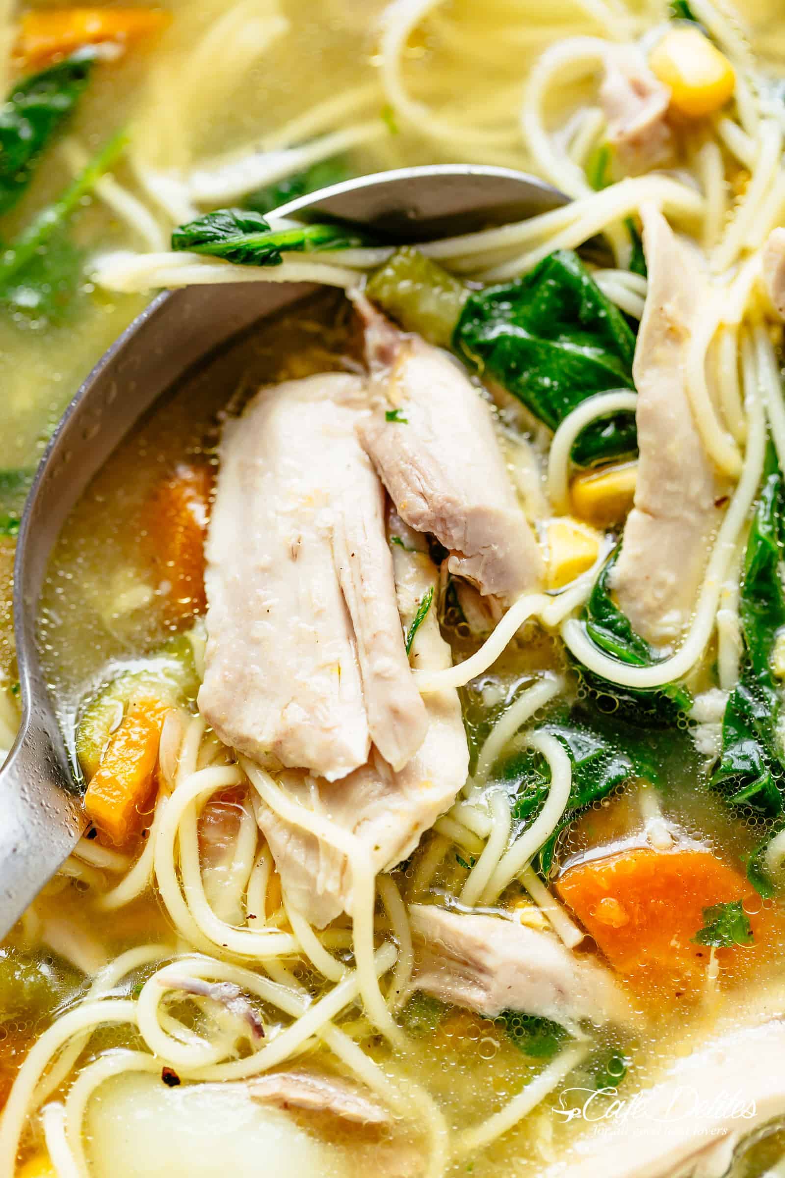 Homemade Chicken Noodle Soup is good for any day of the week with the broth AND the soup made from scratch in under 45 minutes.
