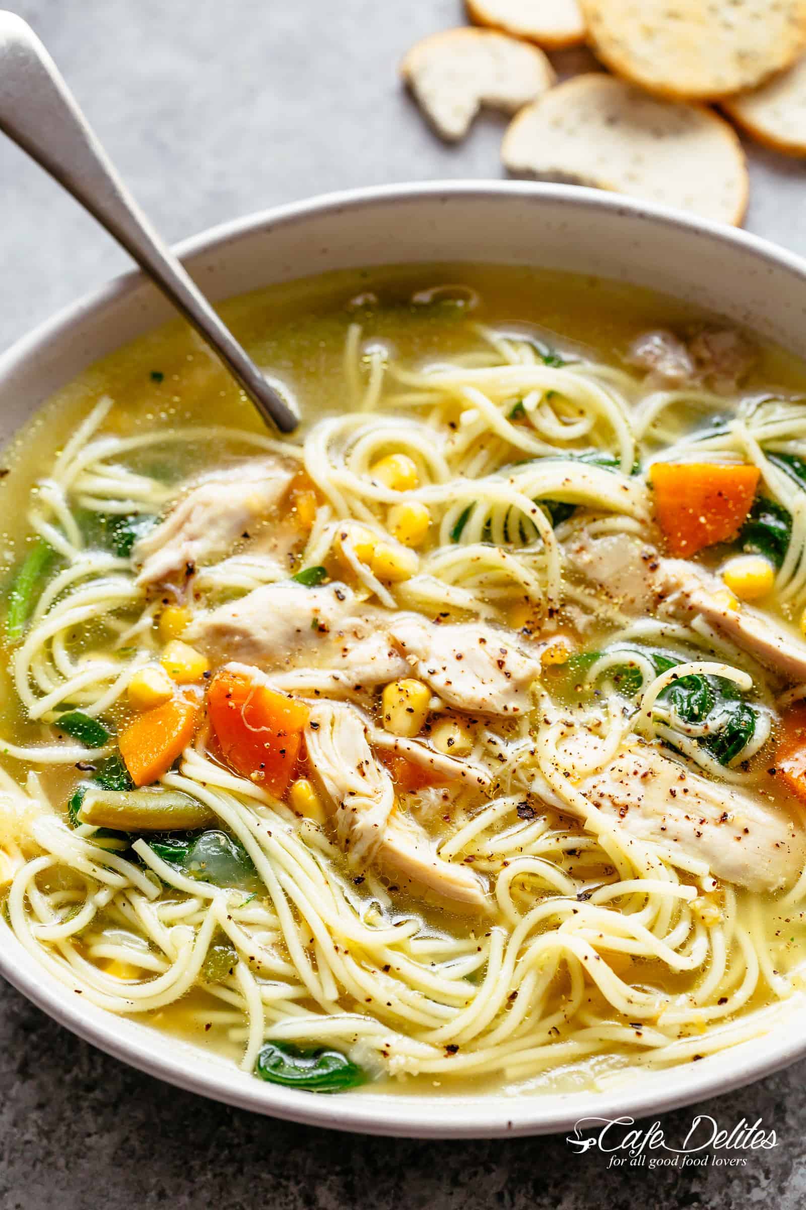 Big bowl of chicken noodle soup broth
