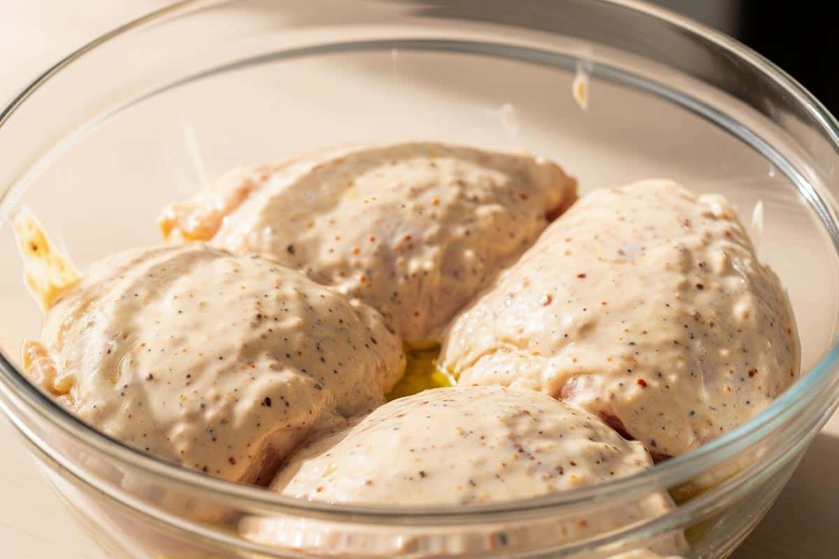 Coated chicken thighs with mixed yogurt, olive oil, tahini, garlic, spices, and salt in a bowl.