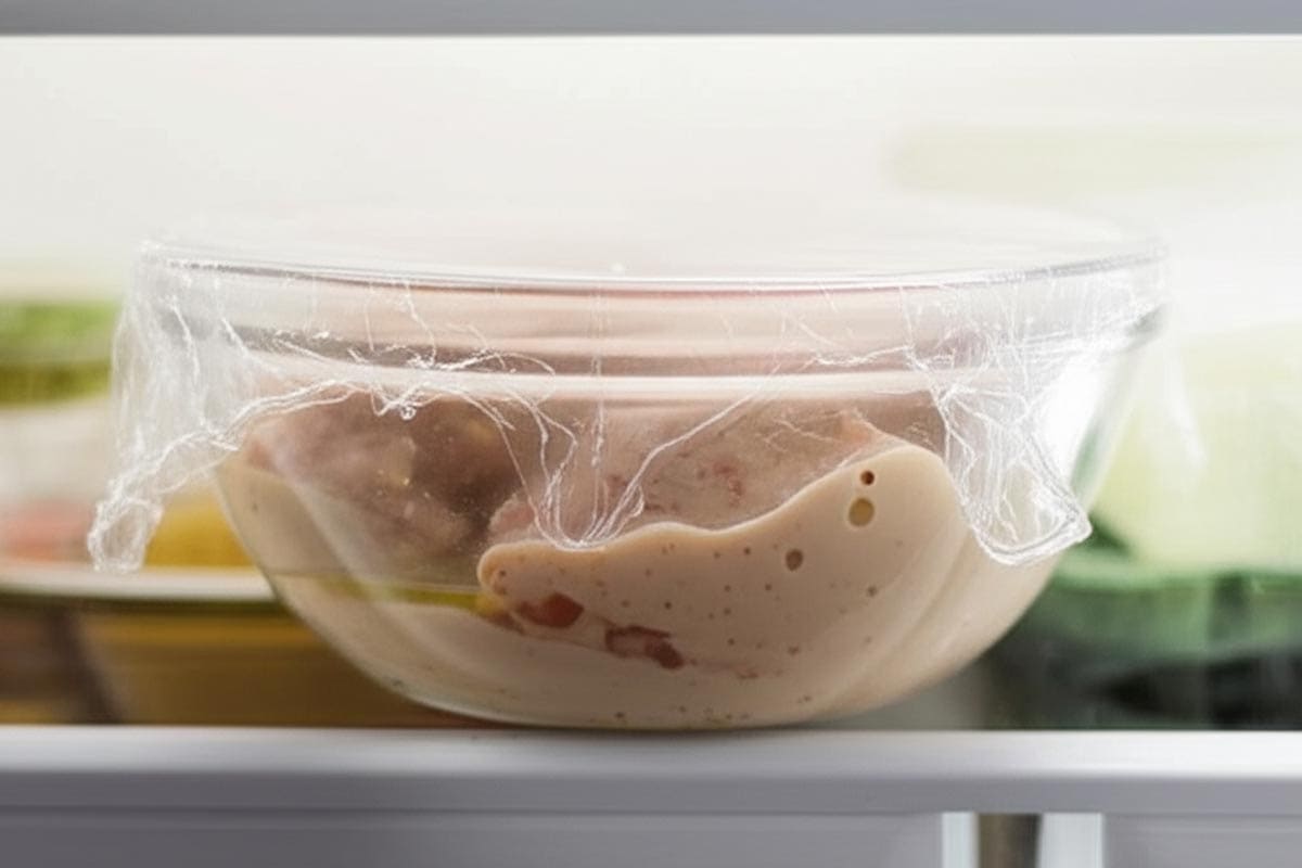 A bowl with chicken covered cling film in a refrigerator.