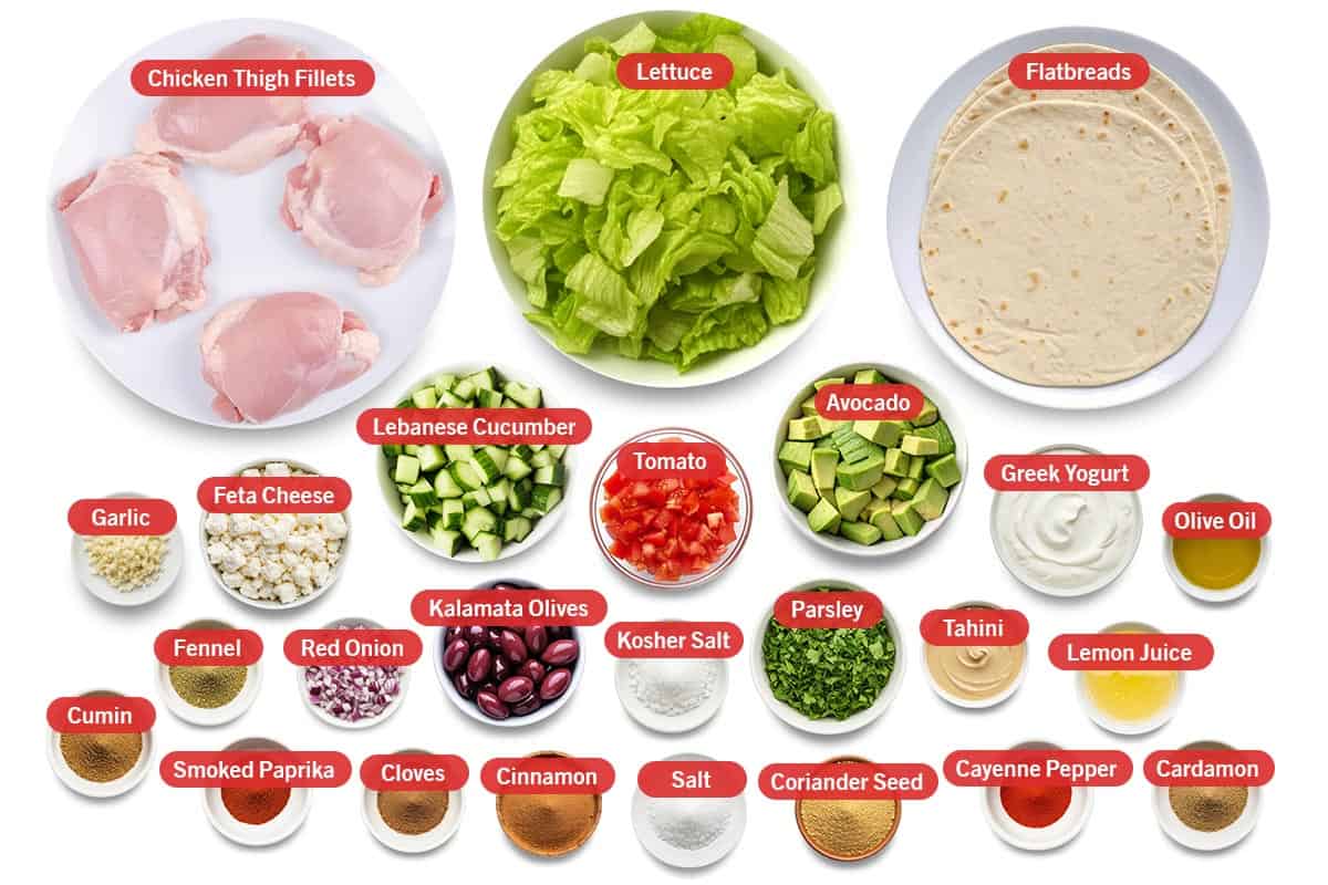Top shot of ingredients: Chicken thigh fillets, lettuce, flatbreads, garlic, feta cheese, Lebanese cucumber, tomato, avocado, greek yogurt, olive oil, fennel, red onion, kalamata olives, kosher salt, parsley, tahini, lemon juice, cumin, smoked paprika, cloves, cinnamon, salt, coriander seed, cayenne pepper, and cardamon.