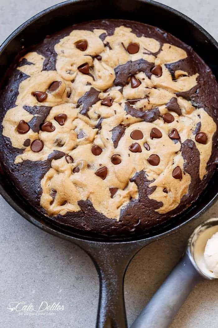 Top view image of Chocolate Chip Cookie Marbled Skillet Brownie is crispy on the outside. Extreme fudgy-ness going on on the inside.