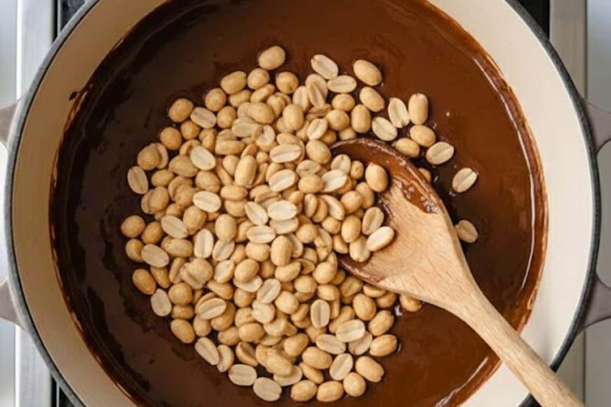 Stir in both the salted and unsalted peanuts until evenly coated.