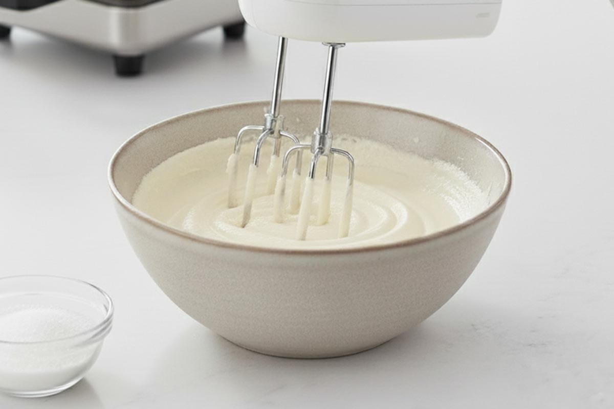 Beating the cream cheese, yogurt, and sugar together in a bowl.