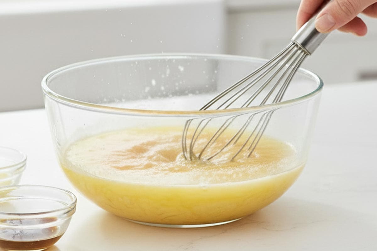 Whisking the eggs, then whisk in the milk, melted butter, lemon juice, and vanilla in a bowl.