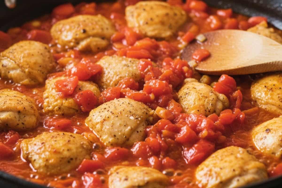Add the chicken thigh pieces and cook until golden on all sides. Stir in the chopped tomatoes, season with salt and pepper.