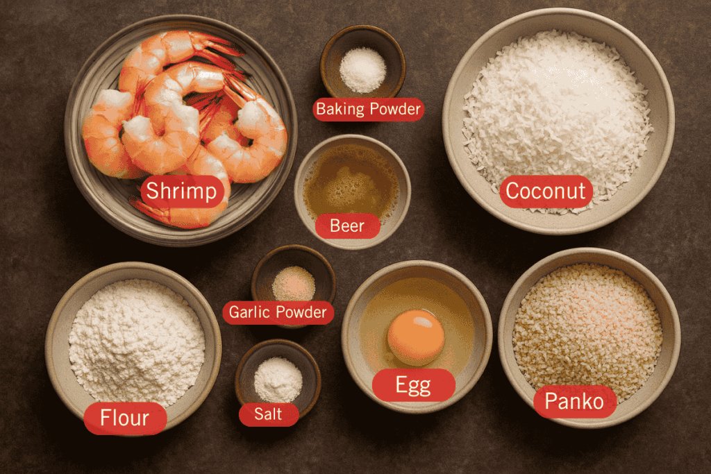Flatlay image of labeled ingredients for Coconut Shrimp, each in individual ceramic bowls on a dark brown surface. Labels include: shrimp, flour, garlic powder, salt, baking powder, beer, egg, shredded coconut, and Panko breadcrumbs.