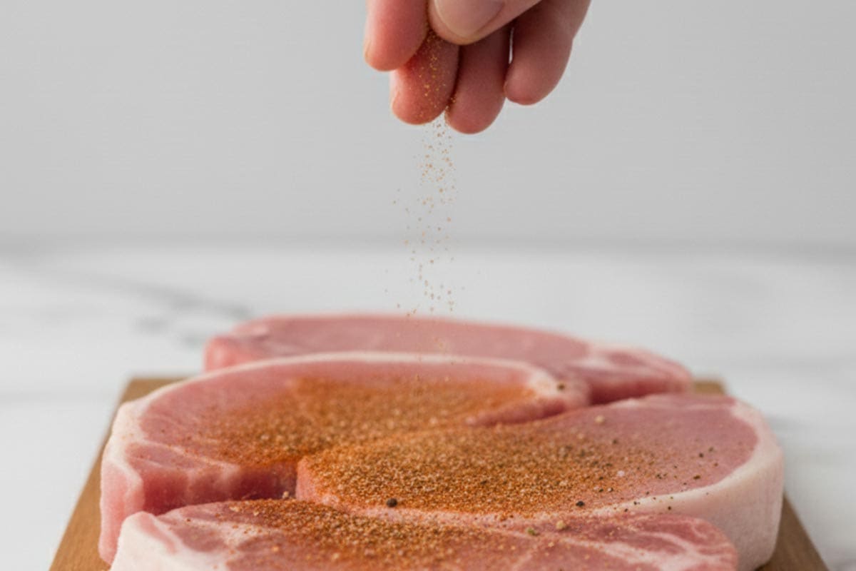 Sprinkling the pork chops with onion powder, paprika, salt, and pepper.