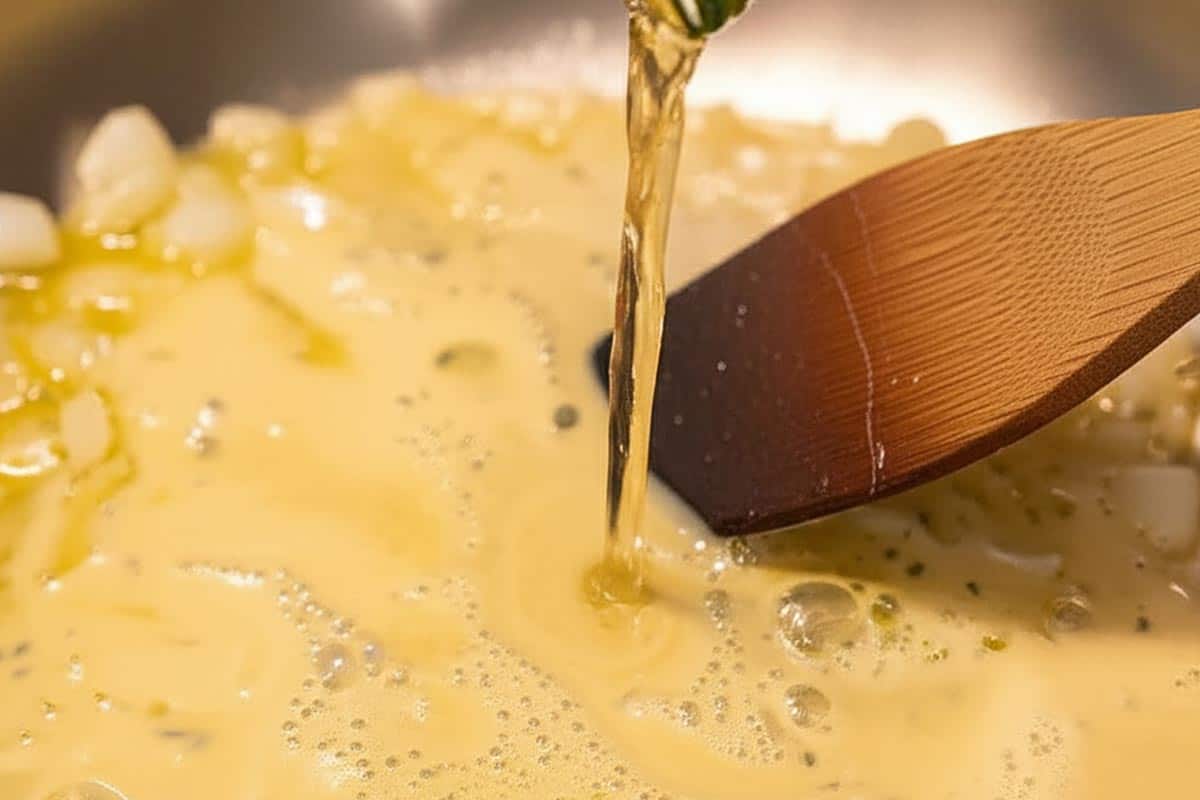 Pouring in the white wine.