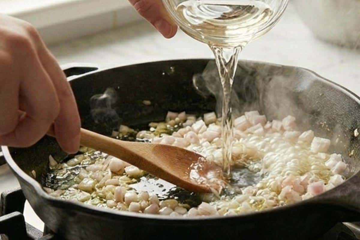 Pouring in the white wine.