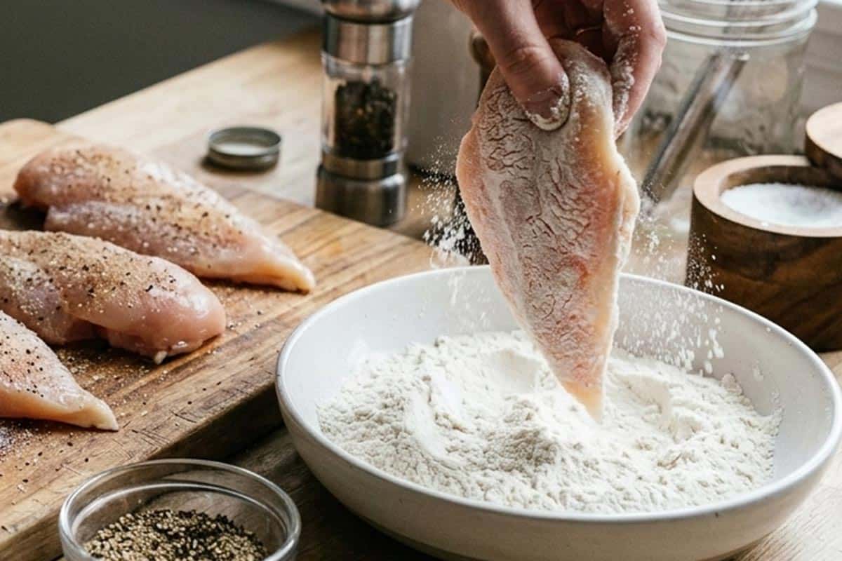 Season and dredging the chicken breasts.