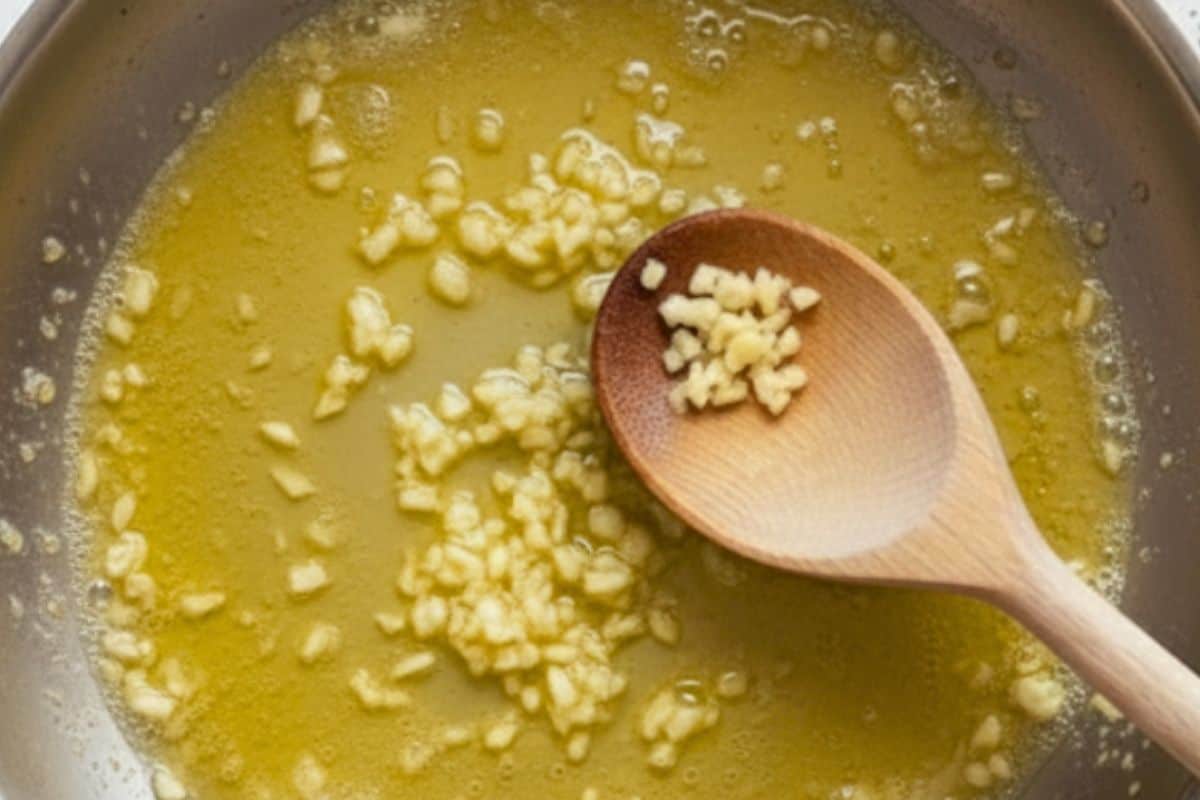 Melt the butter and fry garlic in a large skillet over medium0 high heat.