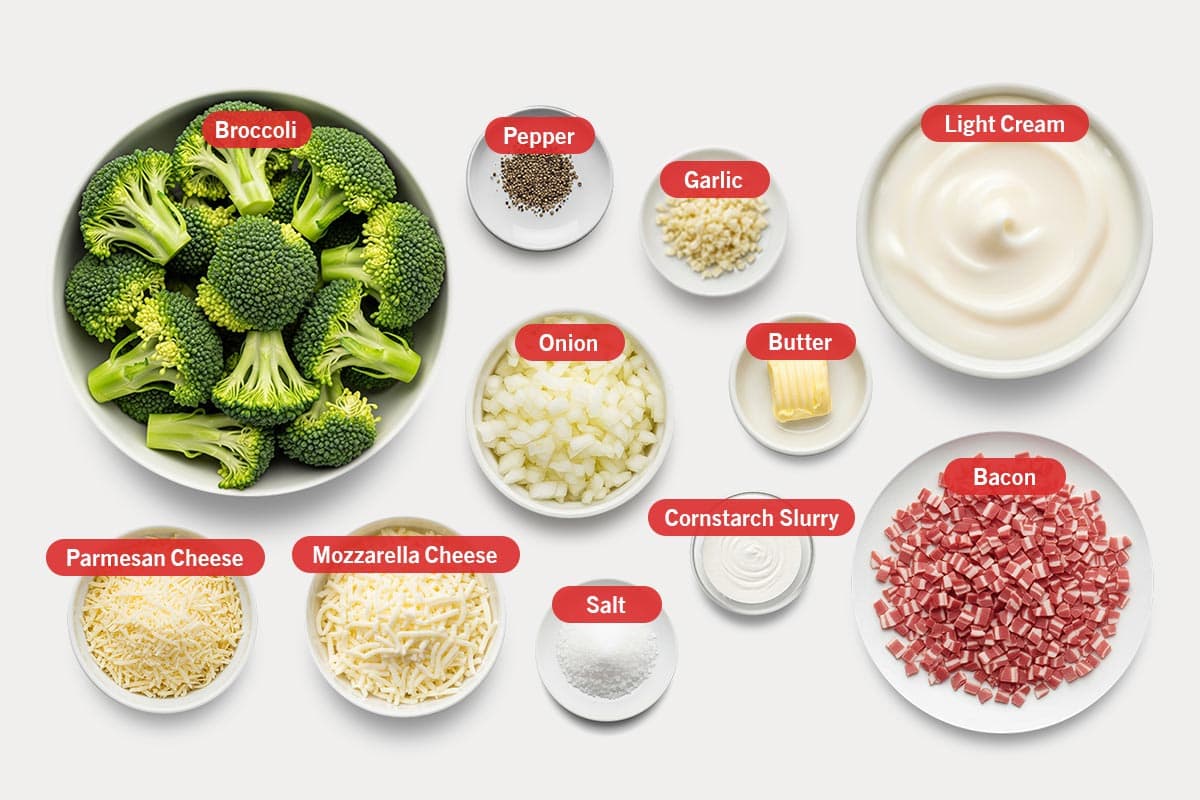 Top shot of ingredients: Broccoli, pepper, garlic, light cream, onion, butter, parmesan cheese, mozzarella cheese, salt, cornstarch slurry, and bacon.