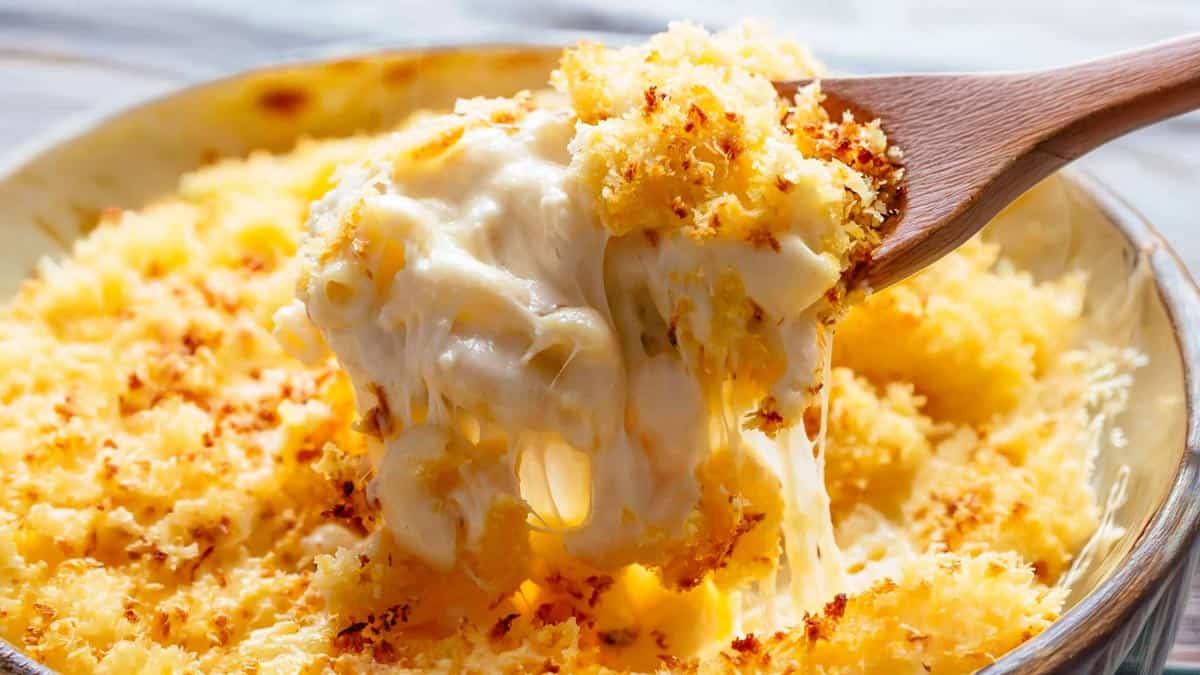 Mac And Cheese is better than the original! A creamy garlic parmesan cheese sauce coats your macaroni, topped with parmesan fried bread crumbs, while saving some calories! |