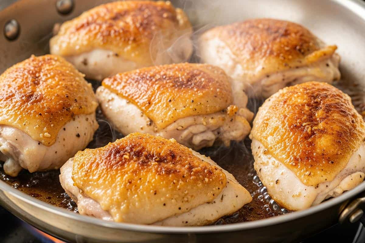 Seared chicken in a oven-proof skillet.