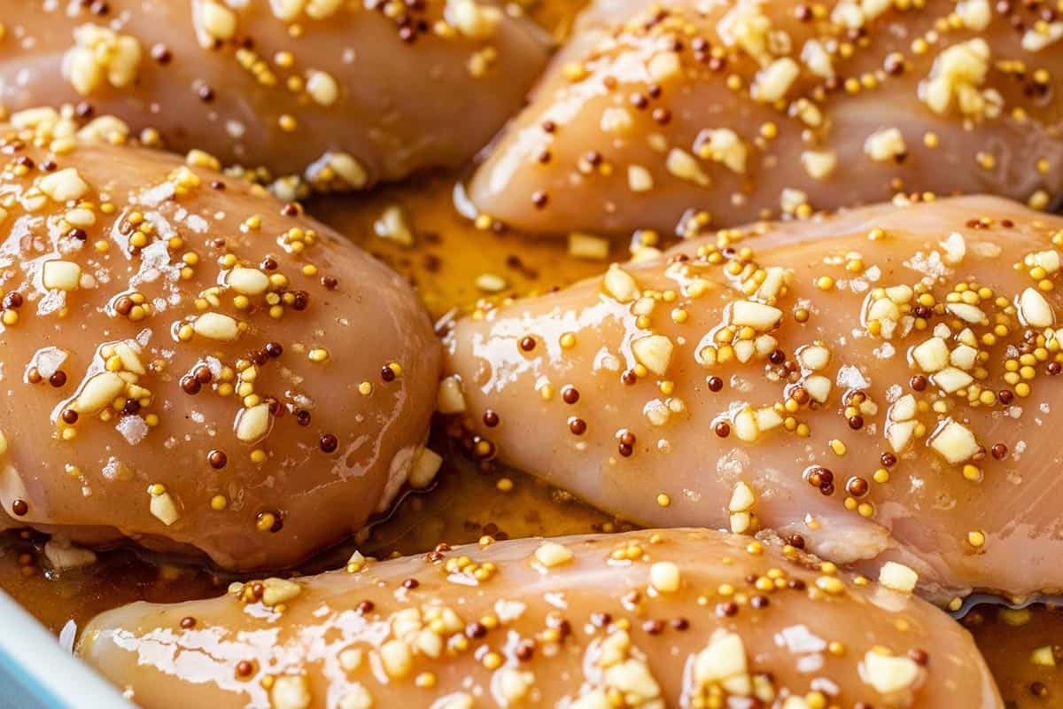 Chicken coated with honey, mustard, garlic, olive oil, and salt mixture.