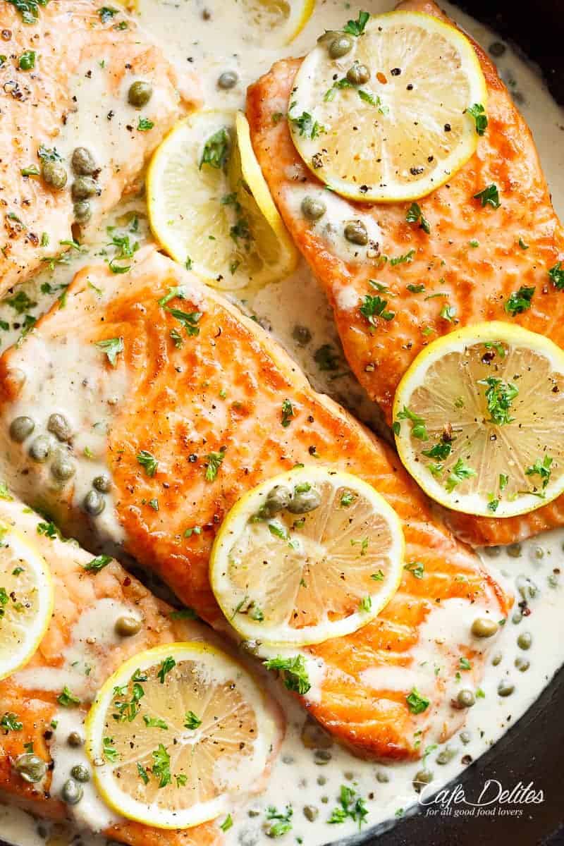 Creamy Lemon Garlic Salmon Piccata is a classy yet easy salmon recipe you\'ve been waiting for, with a good creamy lemon caper sauce!