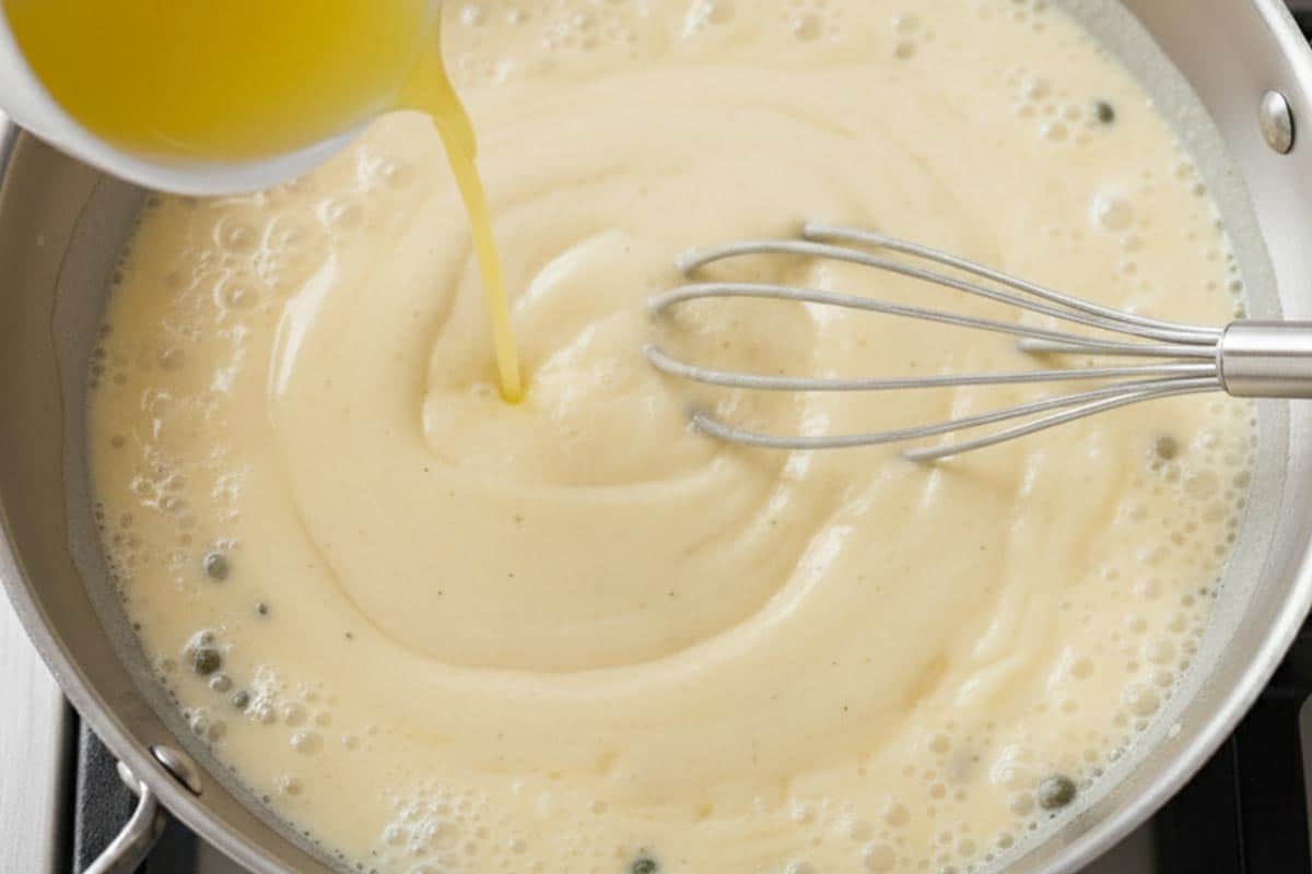 Pouring in the lemon juice.