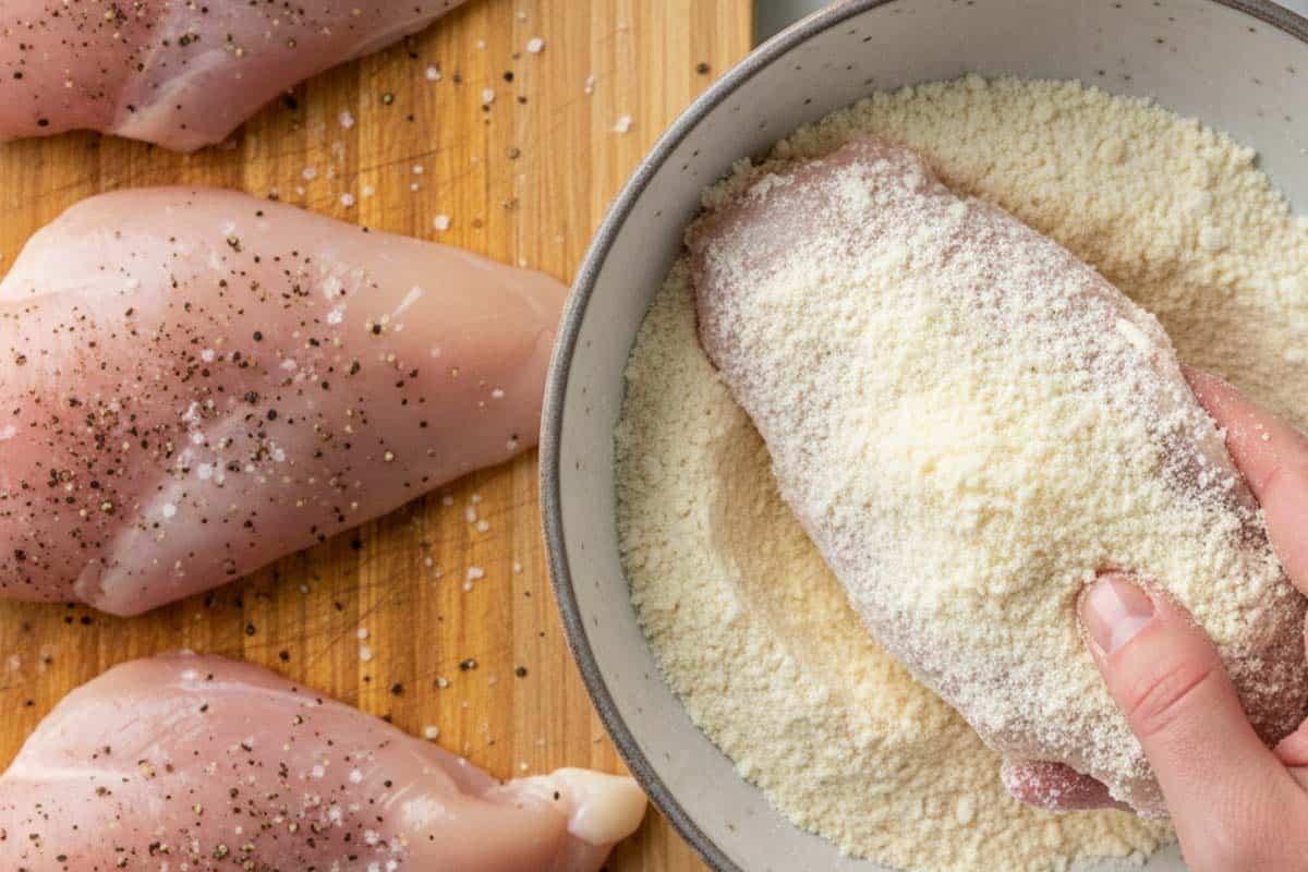 Seasoned the chicken with salt and pepper and dredging in a shallow bowl with mixed parmesan cheese and flour.