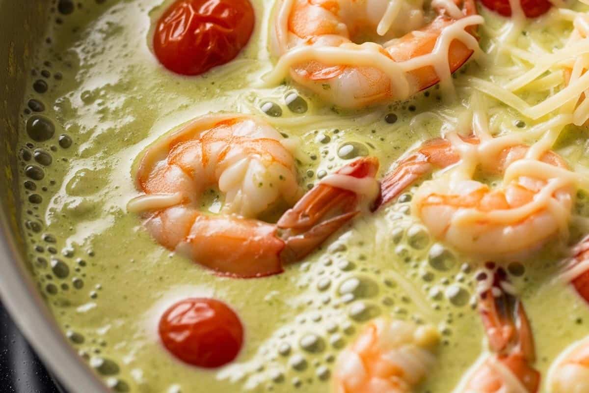 Shrimp and tomatoes with thick sauce.