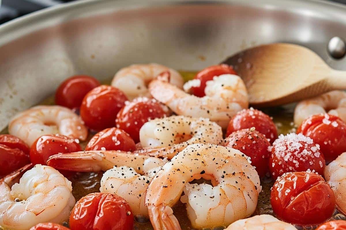 Shrimp and tomatoes, seasoned with salt and pepper in a skillet.