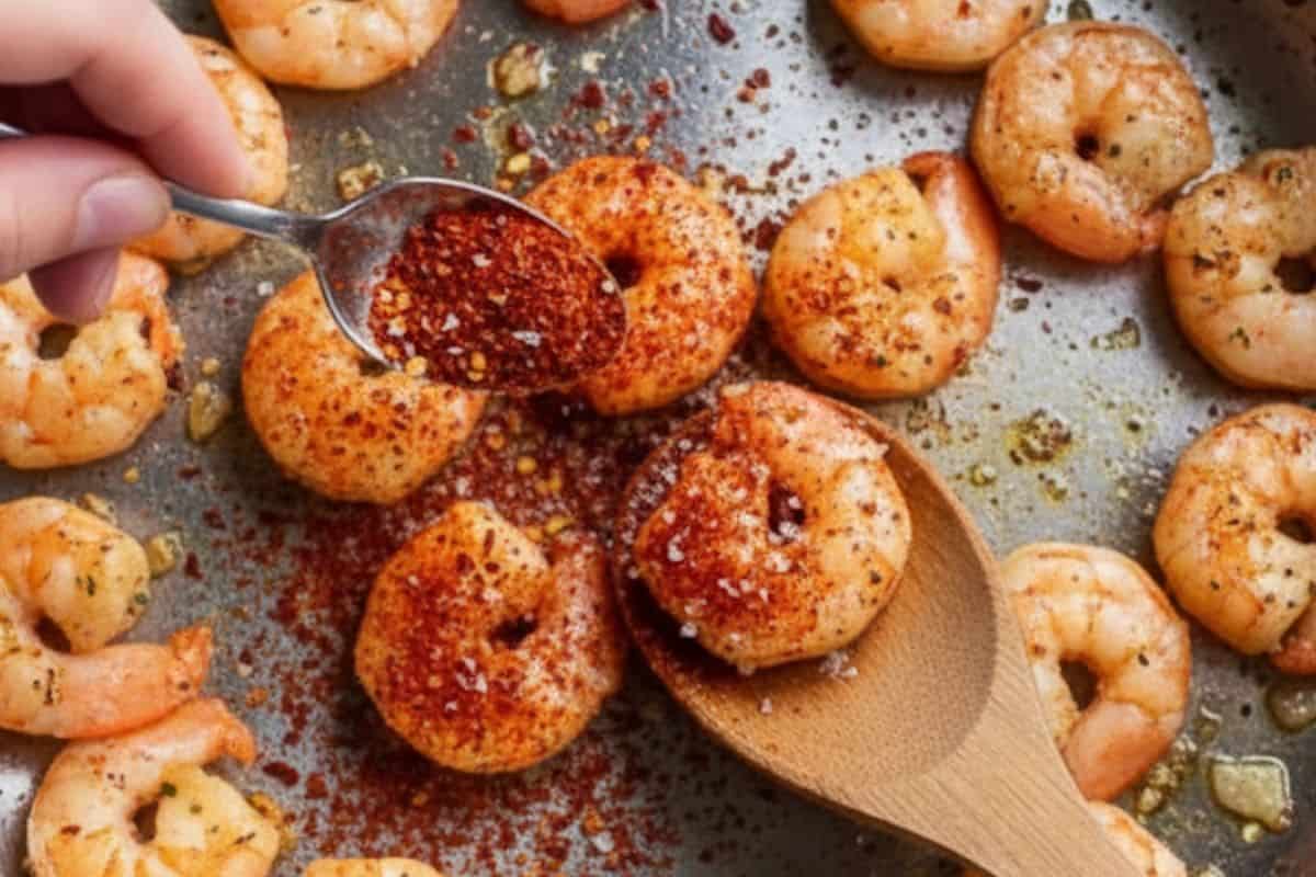Add red pepper flakes, paprika, and salt. Stir and cook for 1–2 minutes to coat the shrimp in the spices.