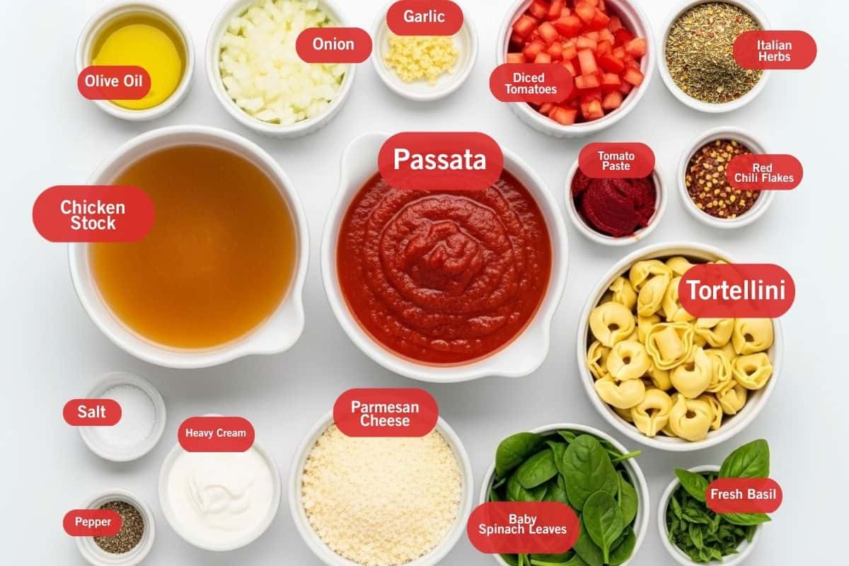 Flat lay of ingredient shot of olive oil, onion, garlic, diced tomatoes, Italian herbs, red chili flakes, tomato paste, passata, chicken stock, salt, pepper, heavy cream, parmesan cheese, baby spinach leaves, fresh basil