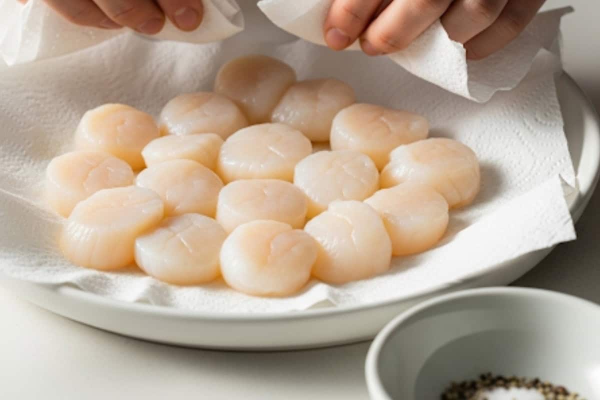 Pat the scallops dry with paper towels so they sear, not steam.
