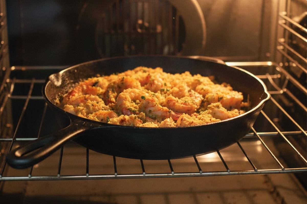 Placed the skillet with shrimp in the oven.