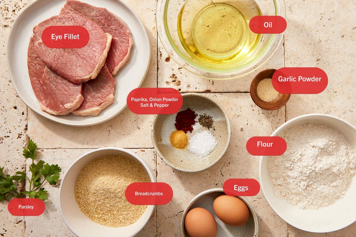 Labeled flat lay of ingredients for Beef Parmigiana.