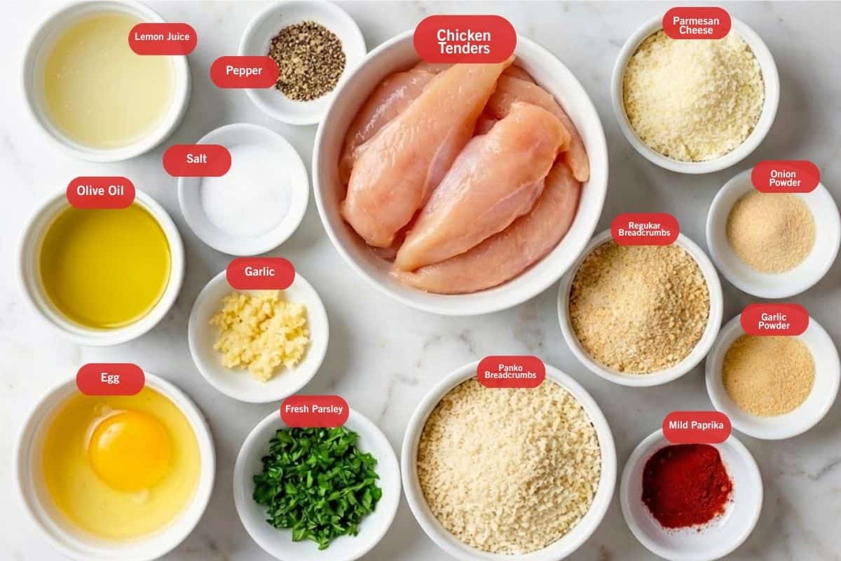 Flat lay photo of ingredient shot of lemon juice, pepper, salt, olive oil oil, egg, garlic, fresh parsley, panko breadcrumbs, regular bread crumbs, chicken tenders, parmesan cheese, onion and garlic powder,mild paprika
