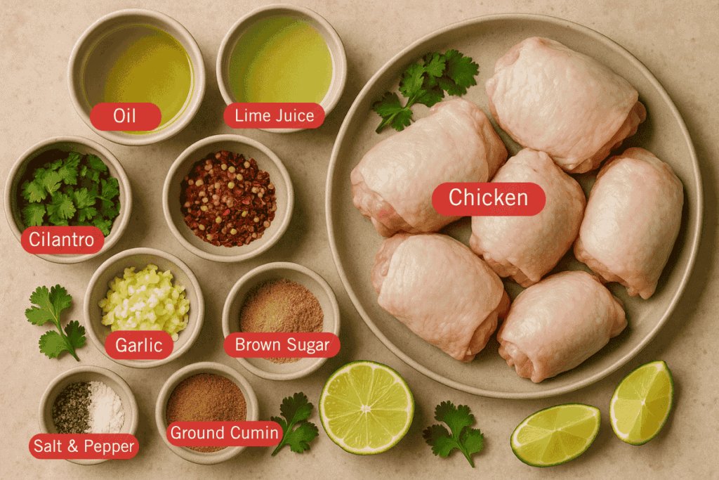Flatlay photo of labeled ingredients for Cilantro Lime Chicken. Includes raw chicken thighs on a plate, surrounded by small bowls of olive oil, lime juice, chopped cilantro, minced garlic, brown sugar, ground cumin, salt and pepper, and red chili flakes.