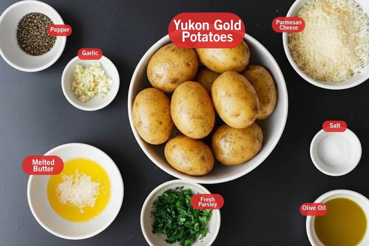 Flat lay photo of ingredient shot of pepper, garlic, Yukon Gold potatoes, parmesan cheese, melted butter, fresh parsley, olive oil, salt