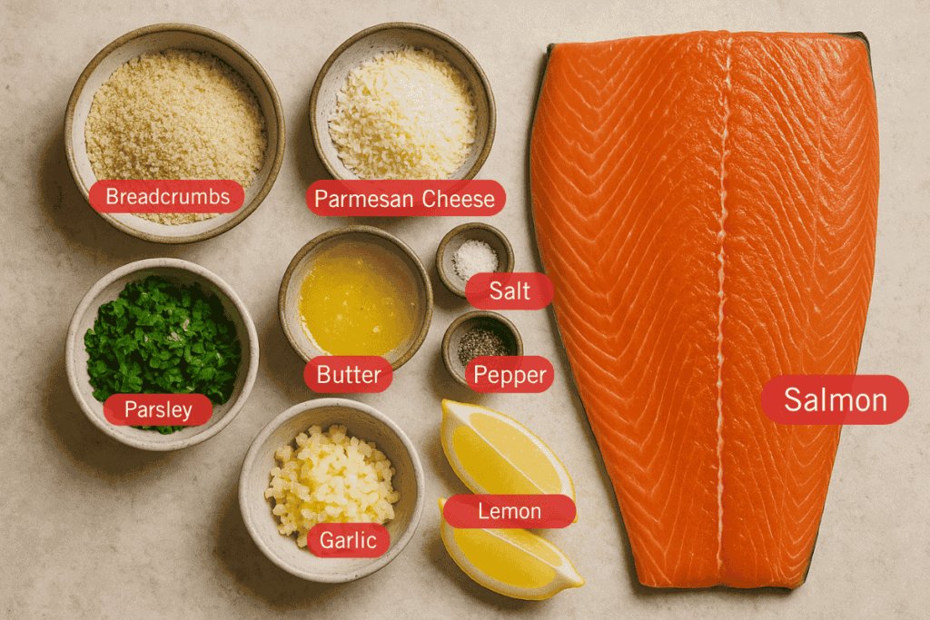 Labeled flatlay of salmon with bowls of breadcrumbs, parmesan, parsley, butter, garlic, salt, pepper, and lemon wedges on a light surface.