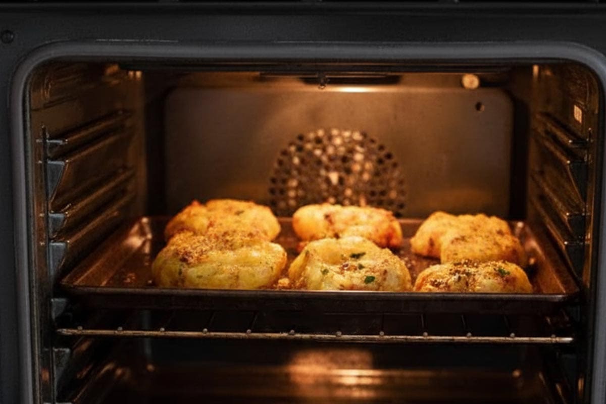 Placed the tray with potatoes in the oven.