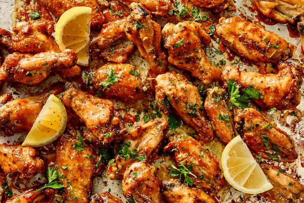 Crispy lemon pepper chicken wings coated in buttery sauce, finished with fresh parsley and lemon wedges ready to serve