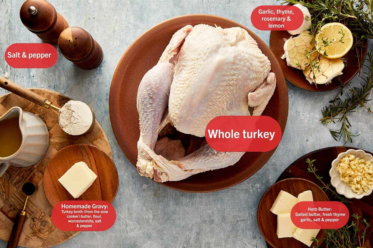 a top down view of a board of ingredients in the center there is a large raw turkey surrounded by sauces, broth, herbs and spices in bowls