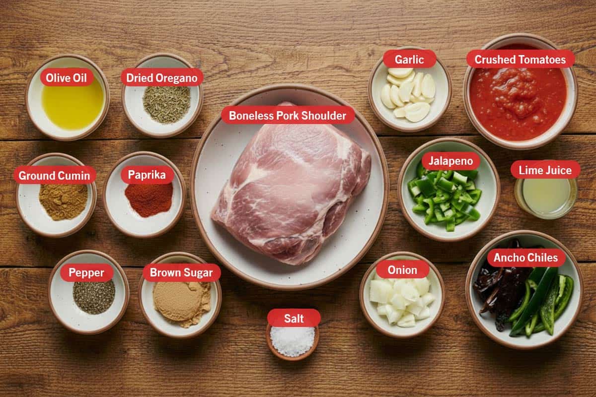 Top shot of ingredients: olive oil, dried oregano, ground cumin, paprika, pepper, brown sugar, salt, garlic, crushed tomatoes, jalapeno, lime juice, onion, ancho chiles, and boneless pork shoulder.