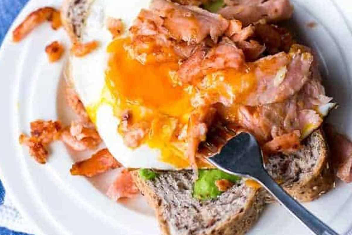 Close-up shot of Crispy Smoked Salmon and Egg Stack.