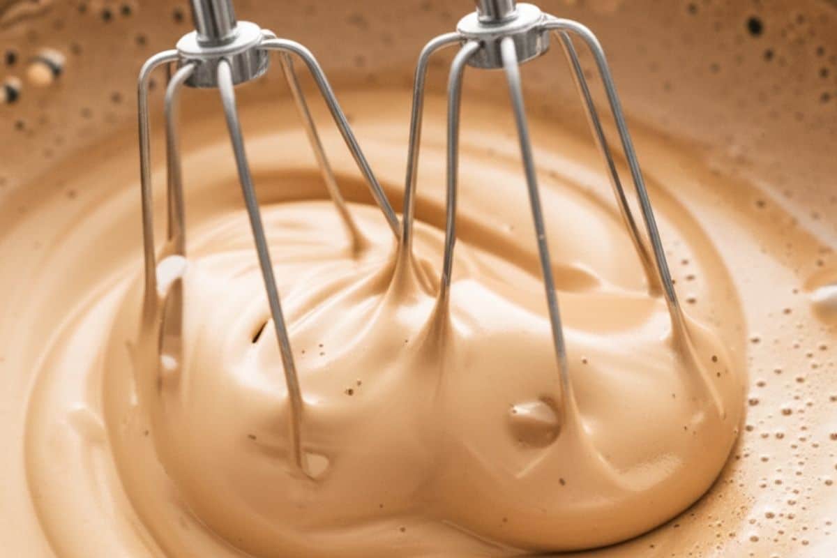 use a electric mixer or milk frother to whip the mixture for 2 to 5 minutes until it's fluffy
