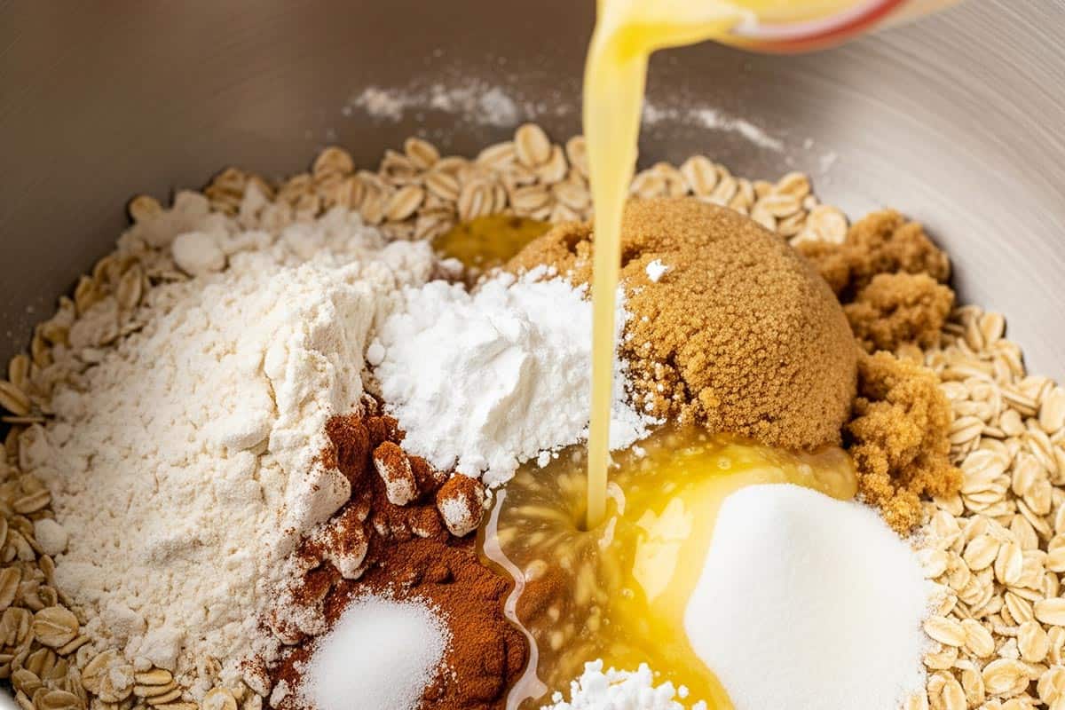 A bowl with oats, flour, both sugars, cinnamon, salt, baking powder, and butter being poured.
