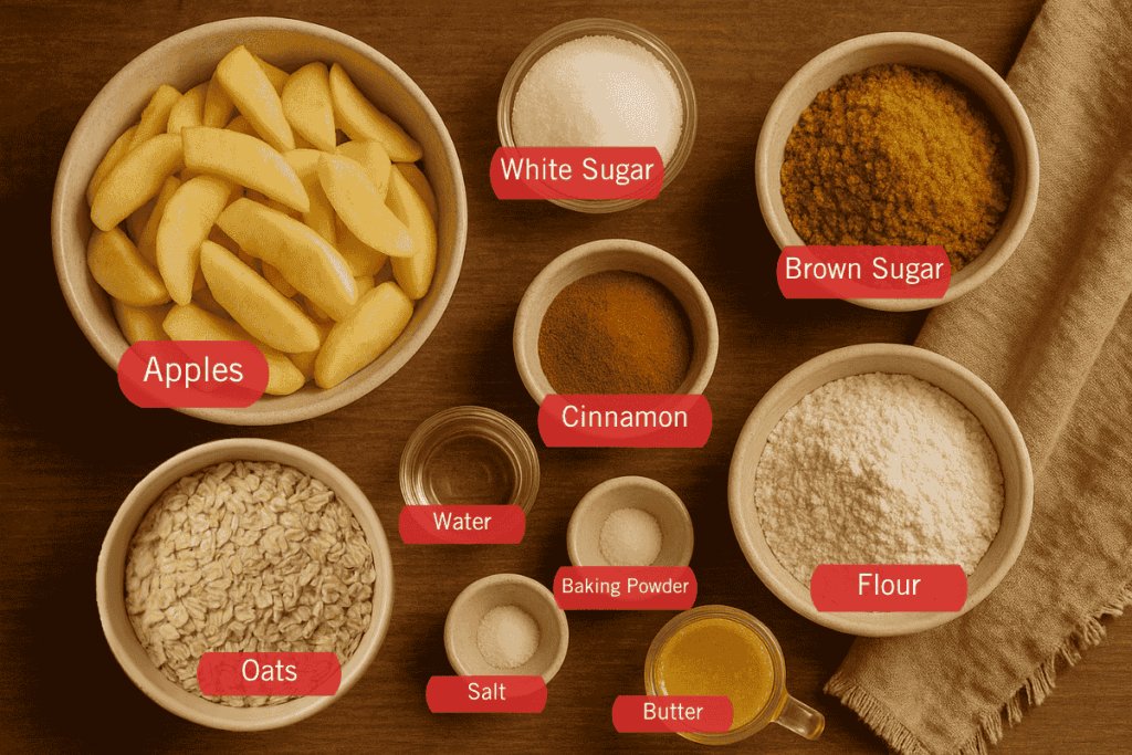 a photo of the ingredients of easy apple crumble: apples, white sugar. brown sugar, cinnamon, water, oats, salt, baking powder, butter, and flour