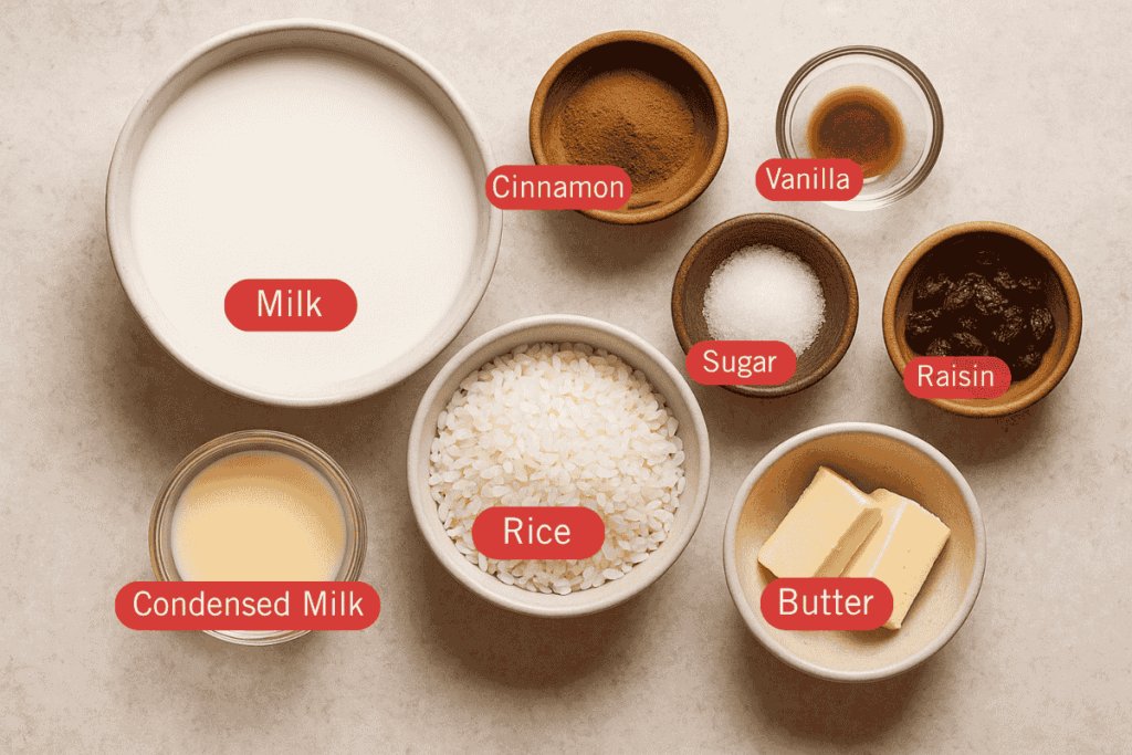 A flatlay image of labeled ingredients for Cinnamon Rice Pudding. Each ingredient is placed in a separate bowl on a light beige surface. Labels identify milk, cinnamon, vanilla, sugar, raisins, rice, condensed milk, and butter.