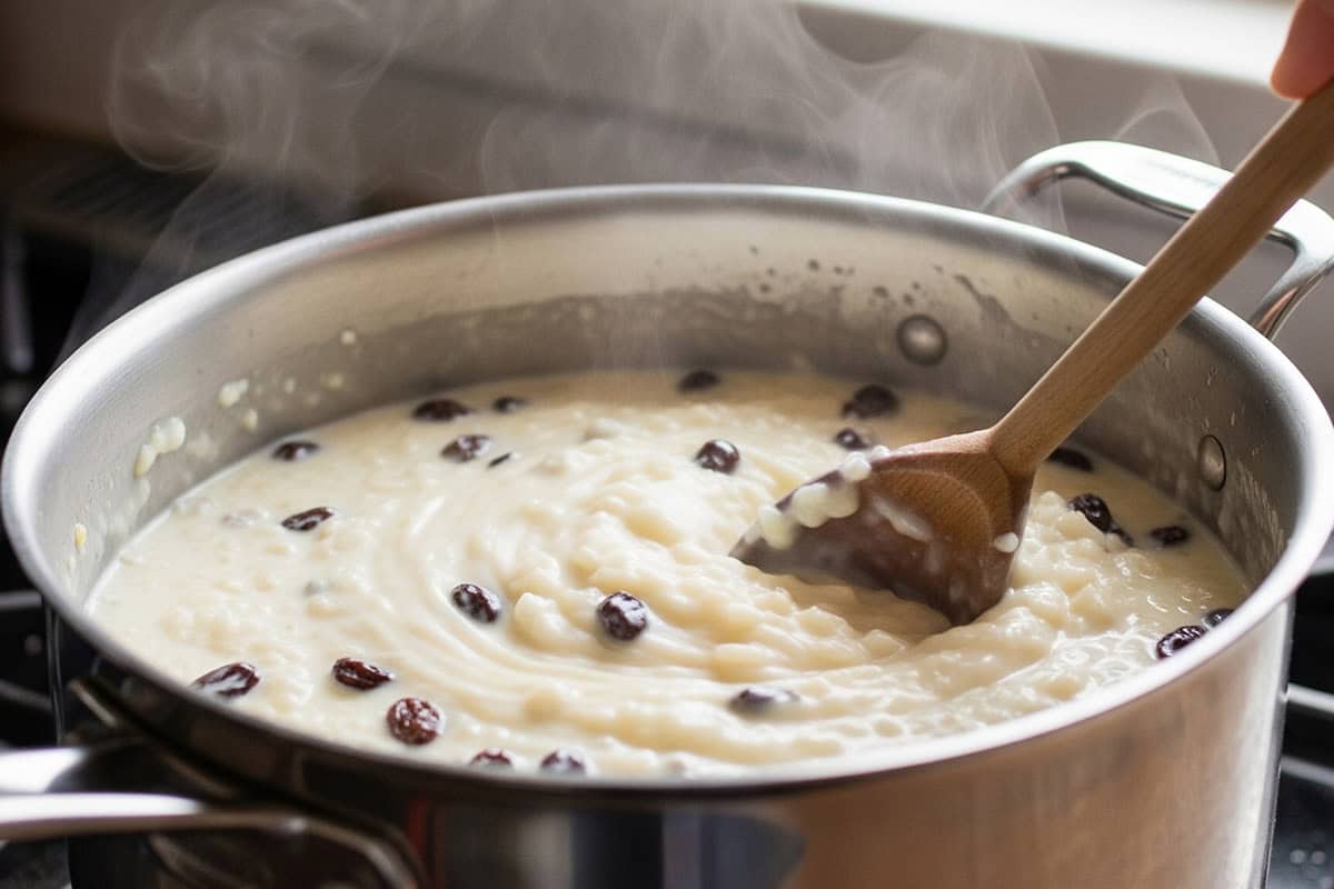 Cinnamon Rice Pudding in a large sauce pan with wooden spoon.