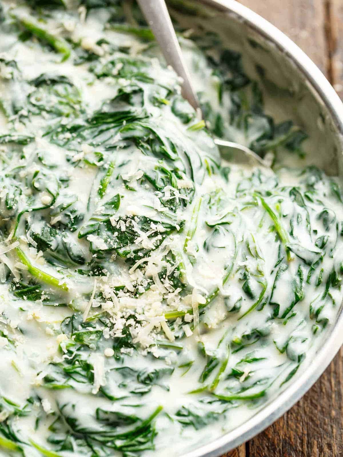 Easy Creamed Spinach in a steel bowl