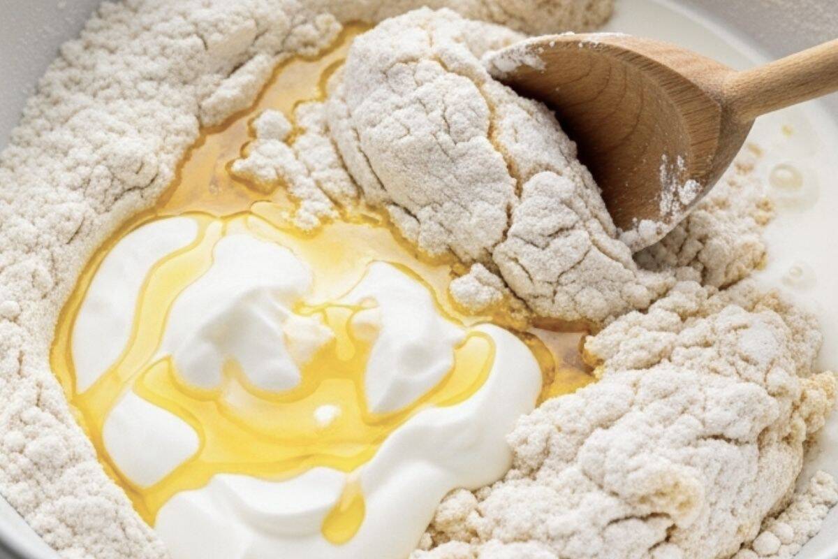 Add the yogurt, oil and milk into the flour mixture and stir with a wooden spoon