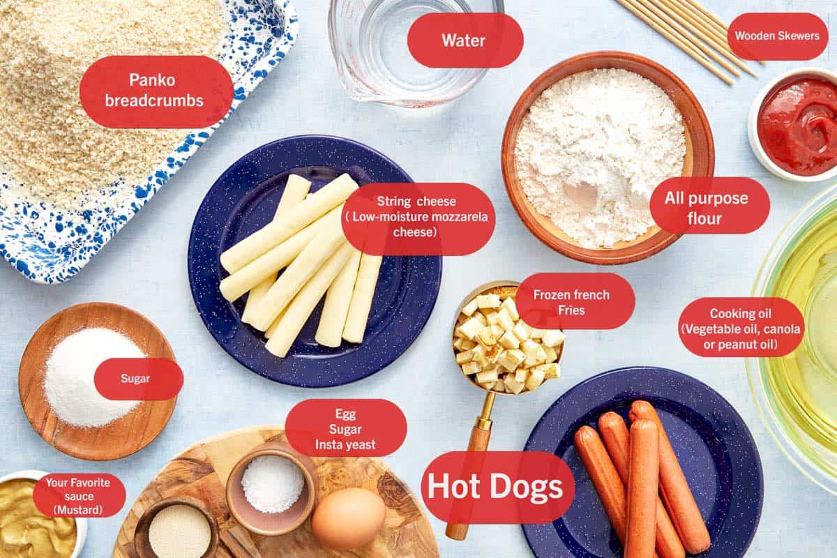 Flat lay of all ingredients to make Korean corn dogs.