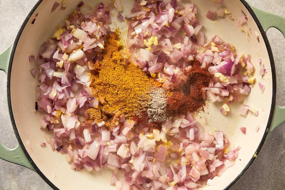 Onion, garlic and rest of spices in a pot