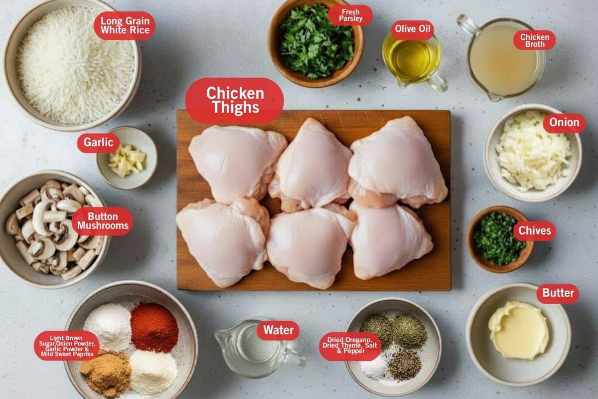Flat lay photo of ingredient shot of long grain white rice, fresh parsley, button mushrooms, garlic, olive oil, chicken broth, onion, chives, butter, fried oregano, dried thyme, salt and pepper, water, chicken things, light brown sugar, onion powder, garlic powder, at mild sweet paprika